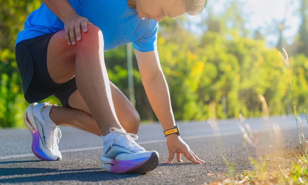 Person in athletic wear kneels, holding knee, occupational therapy for injury recovery needed.